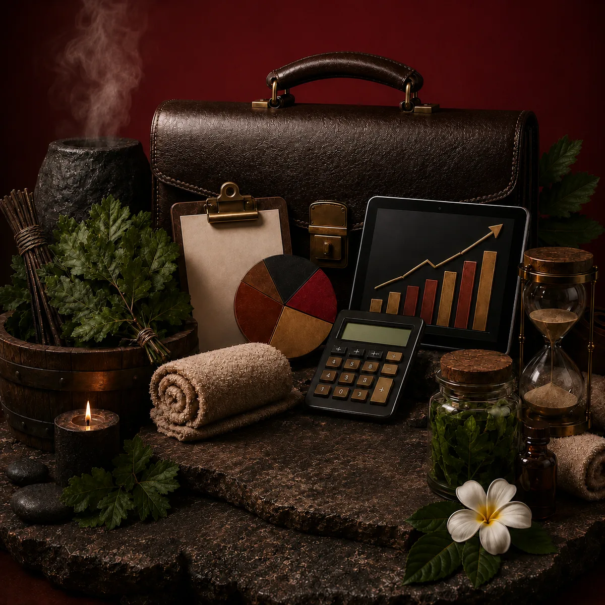 Кожаный портфель, планшет с графиком роста, калькулятор и банные атрибуты — веник, шайка, полотенце и свеча — на тёмно-красном фоне