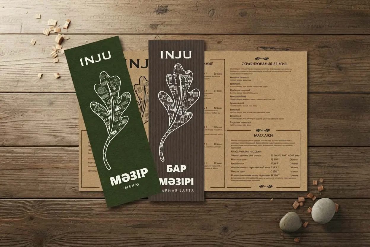 Меню и барная карта INJU с дубовым листом на деревянном столе