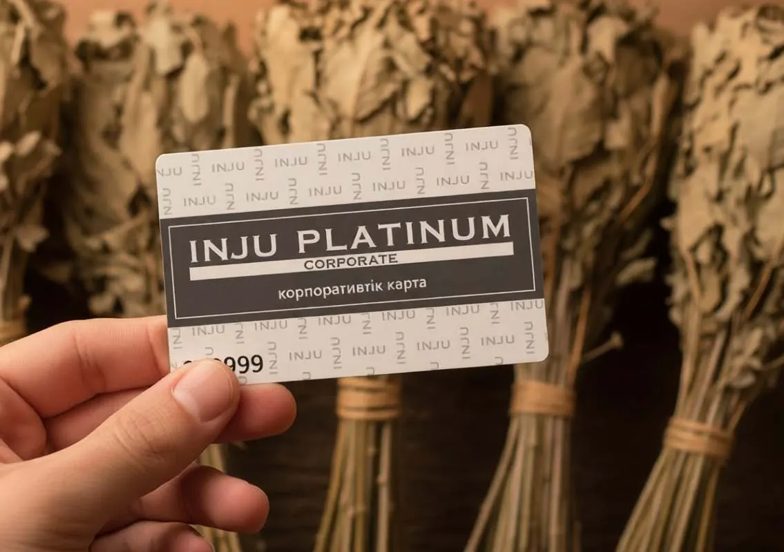 Корпоративная карта INJU PLATINUM на фоне сушёных веников